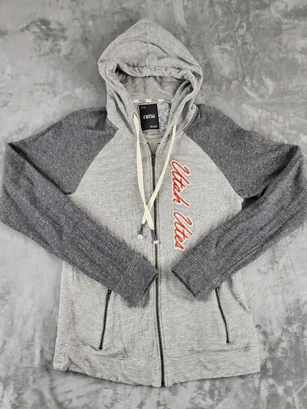 Univ of Utah Utes Womens Gray Full Zip Hoodie Jacket L/G Embroidered Raglan